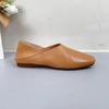 Johnature Zapatos planos poco profundos de cuero genuino con punta redonda y suela blanda, mocasines casuales de color sólido para mujer
