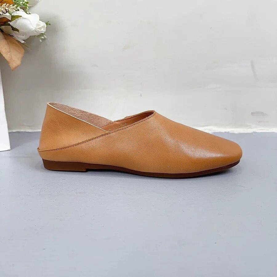 Johnature Zapatos planos poco profundos de cuero genuino con punta redonda y suela blanda, mocasines casuales de color sólido para mujer