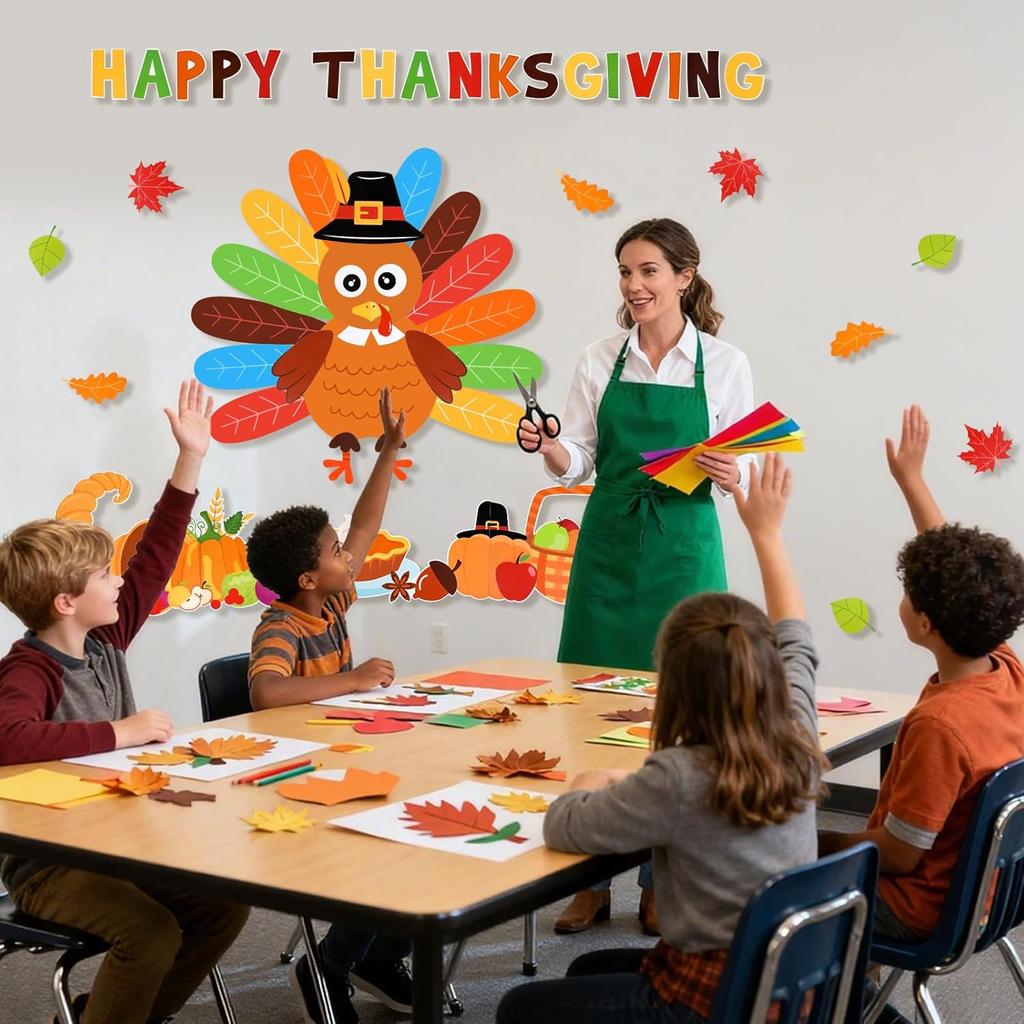 Konsait 49Pcs Turkey Bulletin Board Decorations, Happy Thanksgiving Cutouts for Bulletin Board, Thanksgiving Decoration for School Home Office