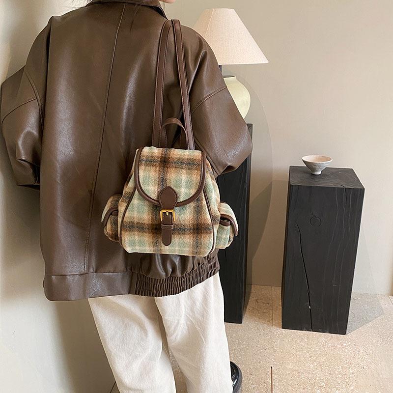 Winter new fashion woolen plaid women's double back schoolbag backpack