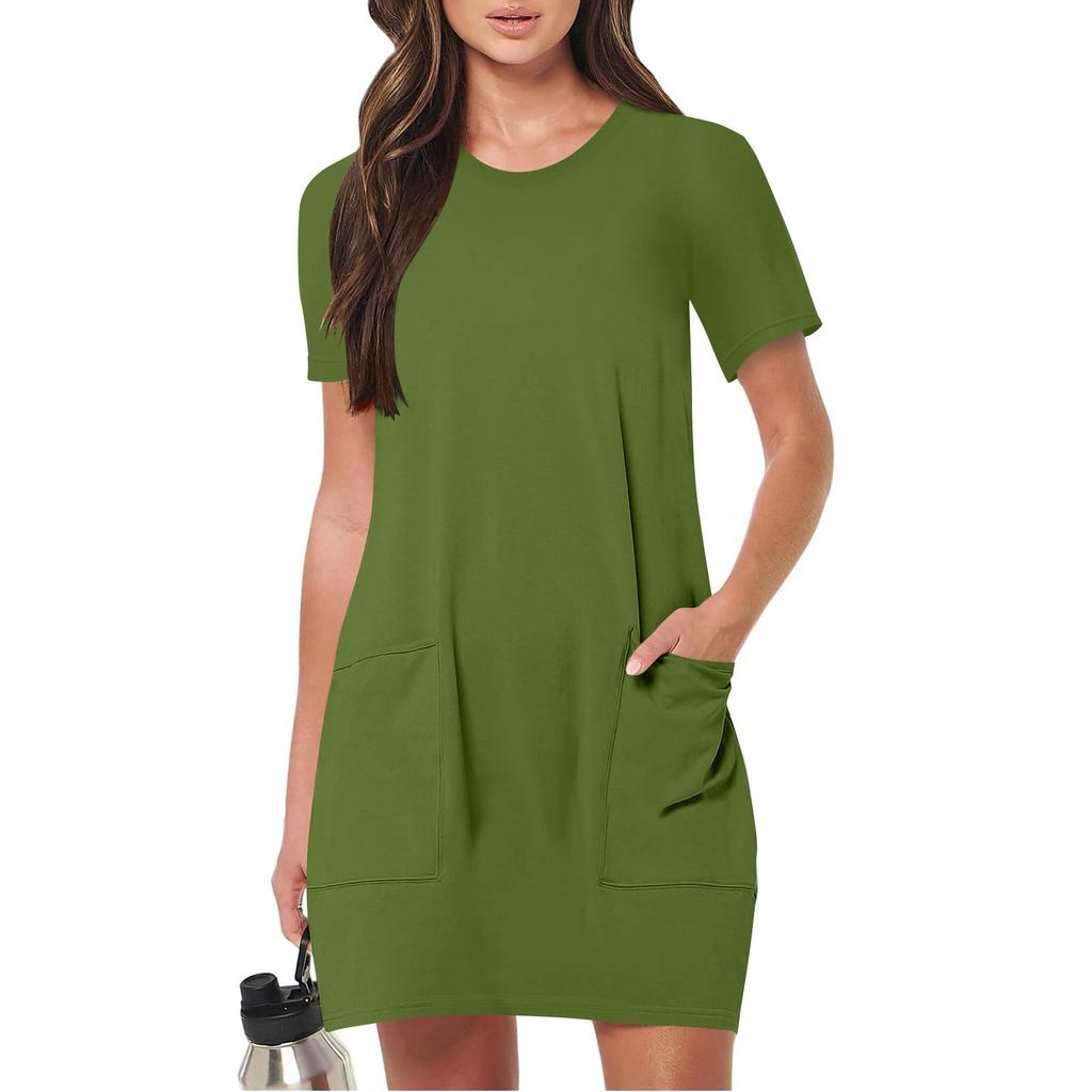 Women's Fashionable Solid Color Short Sleeved Round Neck Casual Sports Short Dress With Pockets