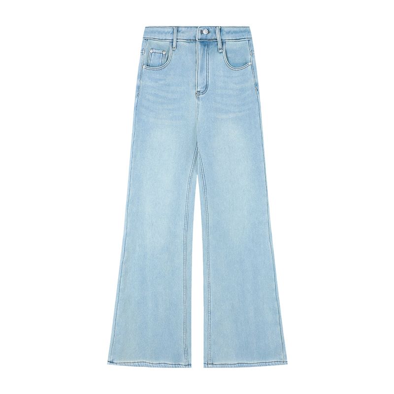 Light Blue Pants for Women Denim Autumn High Waist Stretch Loose Pants Retro Washed Black Bell-Bottoms Pants Tide