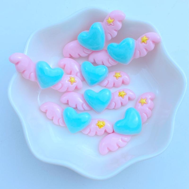 10Pcs New Cute Resin 11*34mm Heart-shaped Wings Series Flat Back Fit Phone Deco Parts Embellishments For Hair Bows Accessories