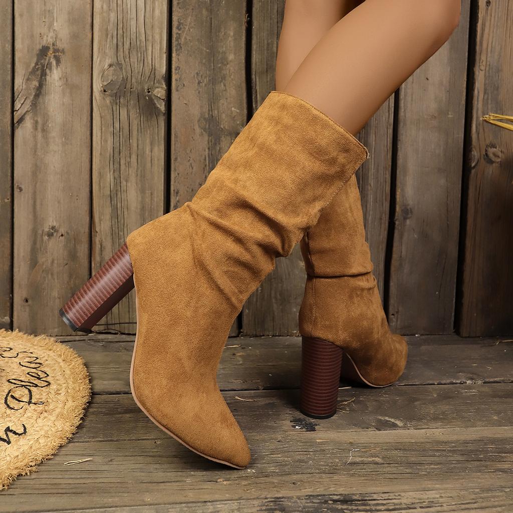 Fashion Shoes Female 2024 High Quality Slip on Women Boots Fashion Pleated Office and Career Sexy Pointed Toe Plus Size Mid Calf Boots