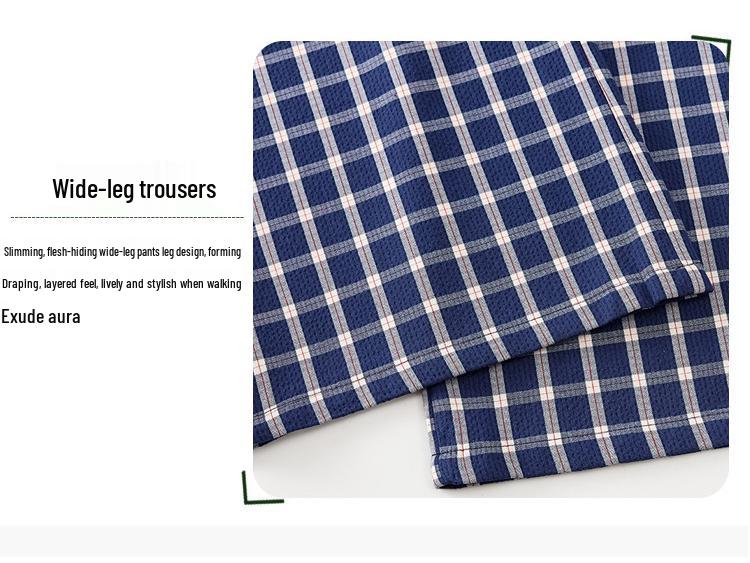 Women's Blue Plaid High-Waist Wide-Leg Summer Pants: New 2026 Fashion, Casual, Floor-Length Drape Design.