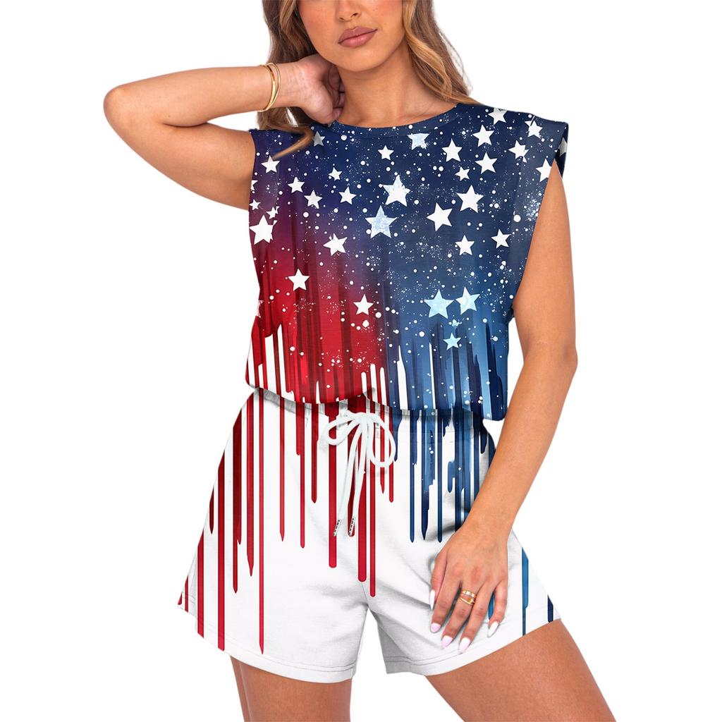 Women's Jumpsuit Independence Day Print Spring Summer Cap Sleeves Adjustable Drawstring Waist Comfortable Casual Short Jumpsuit With Pockets