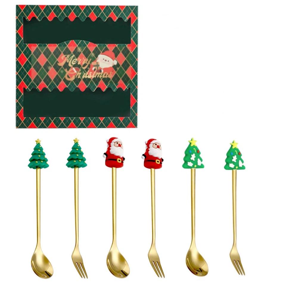 Weihnachtsgeschirr Edelstahl Löffel Gabel Set Kreativer Schneemann Löffel Kaffeelöffel Obstgabel Perfekte Feiertags-Tischdeko