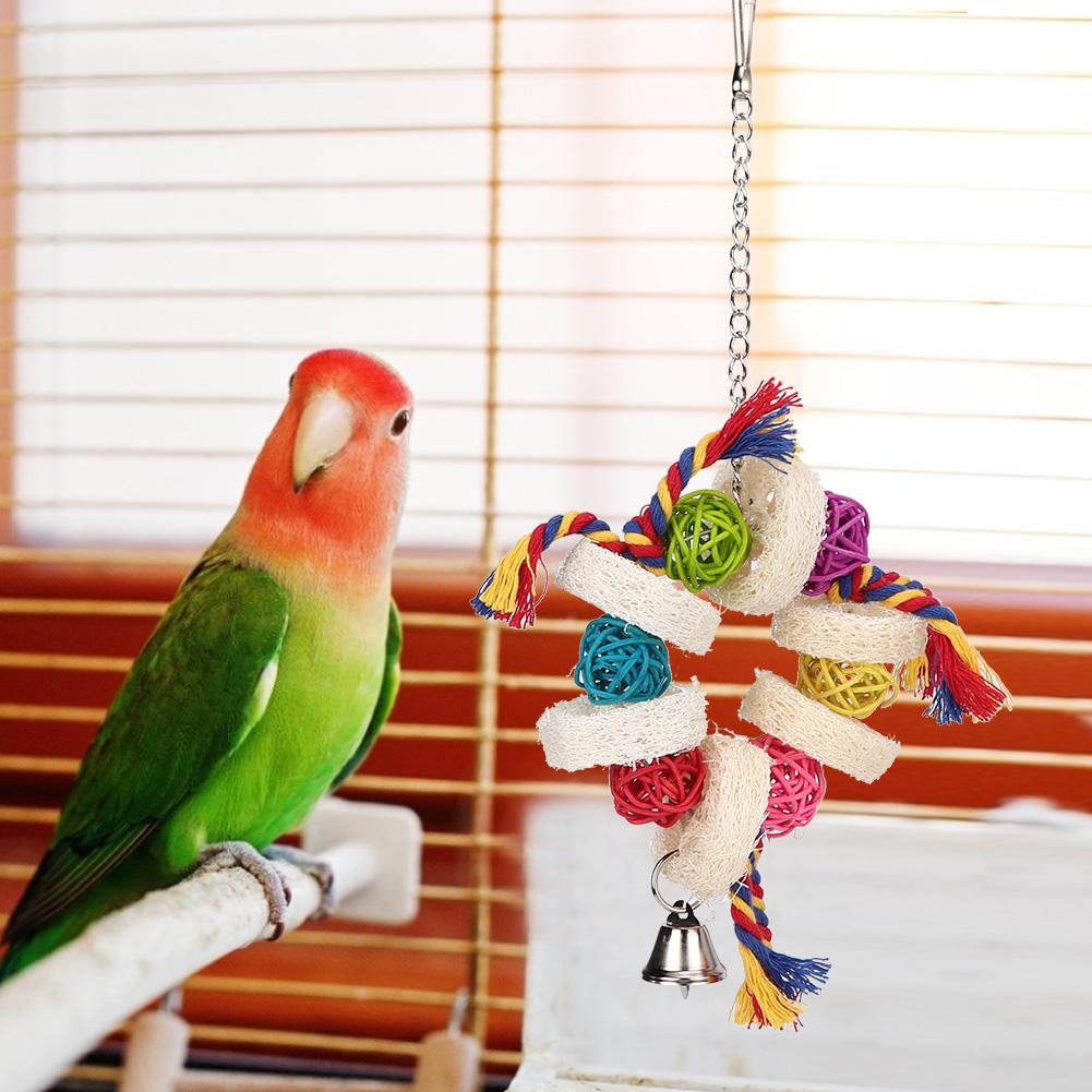 Bird Playing Toys Loofah Sponge Cotton Rope Hanging Parrot Rattan Biting Chewing Standing Rack Toy