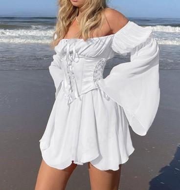 

Women Chiffon DressSexy Off ShoulderFlare SleeveDress Corset Casual Dress 2pcs S білий