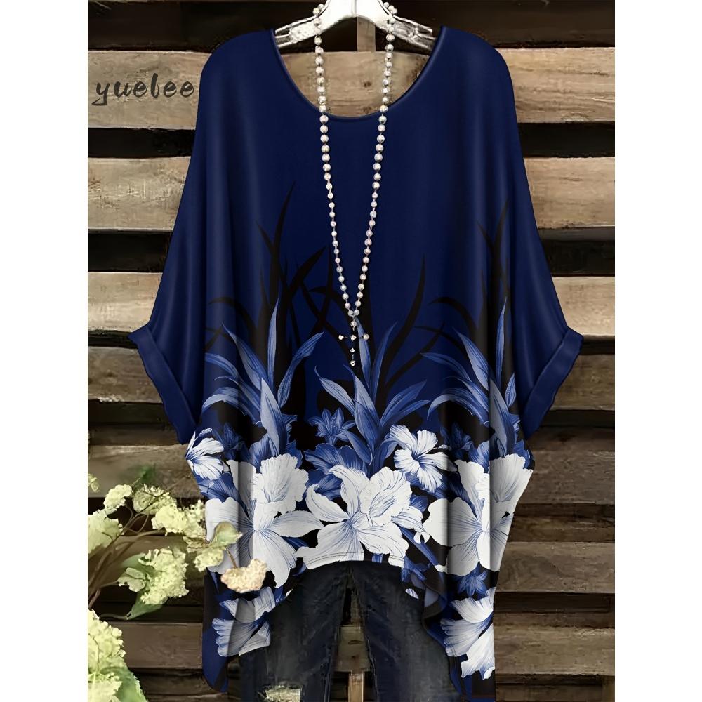 T-shirt Estiva Elegante Bohemien Bicolore da Donna con Stampa Floreale a Forma di Cuore e Farfalla, Scollo Tondo, Blusa Casual, Abbigliamento Bohemien da Donna