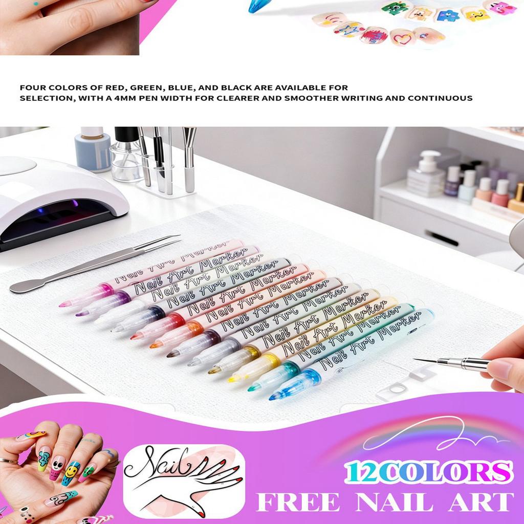 Nail Art Marker Set 12 Pieces Water-Based Quick-Dry Nail Polish Pens Fine Tip Nail Drawing Tools for Detailed Nail Designs and Decorations