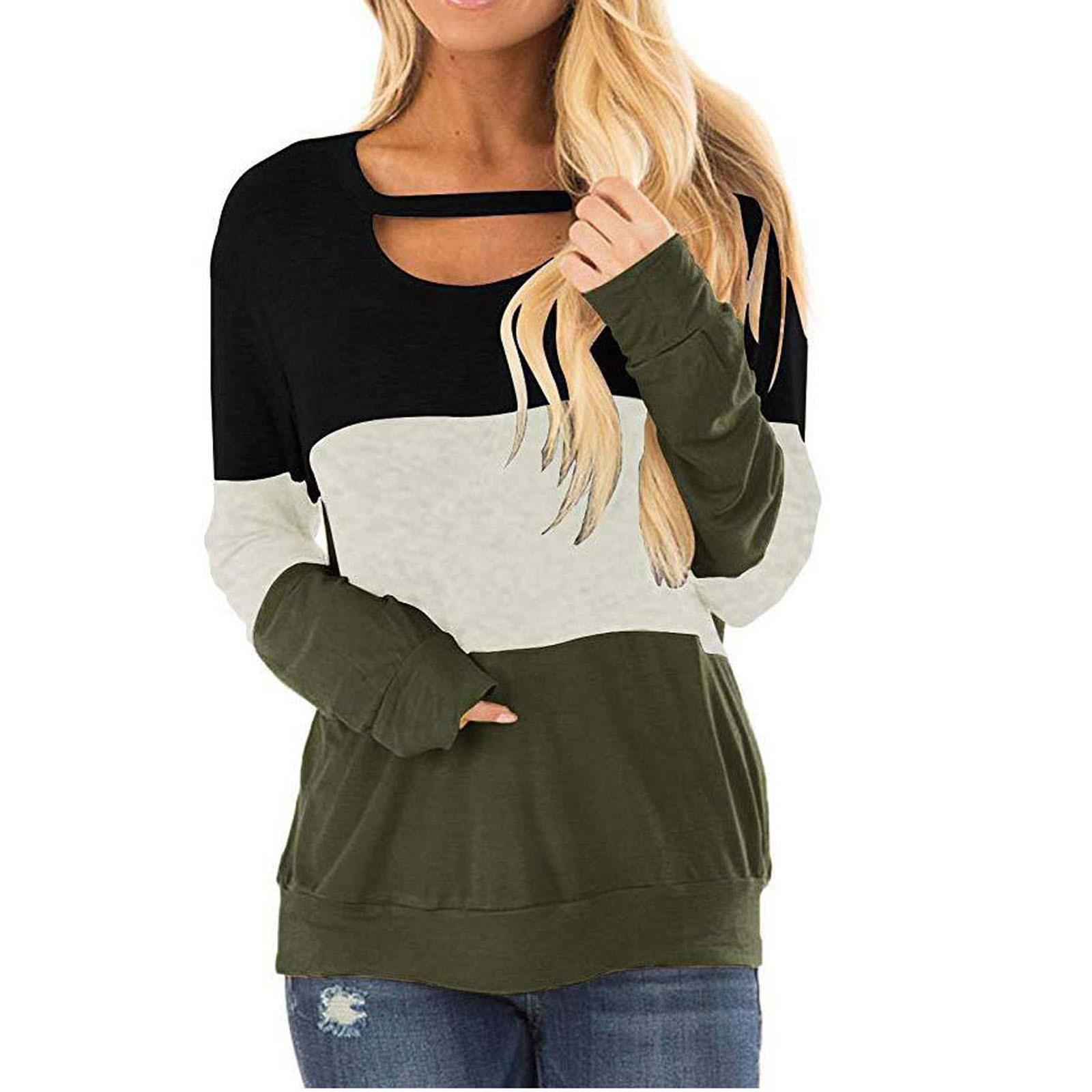 

Women s Fashion Casual Color Contrast Round Neck Pullover Long Sleeve Tops M зелёный
