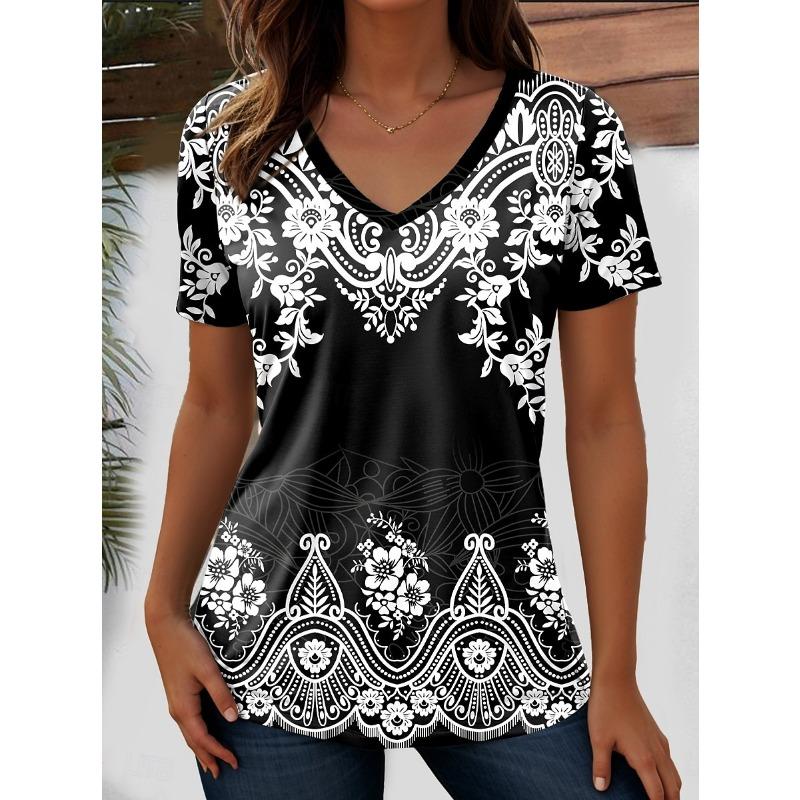 Women s T Shirt Print Graphic Geometric Paisley Bohemia Vintage Stylish Short Sleeve V Neck Regular Tops S