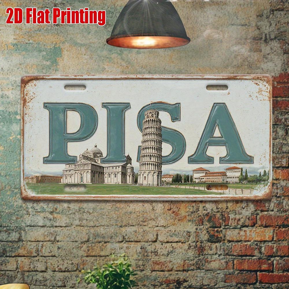 2D Flat Printing, Vintage Metal Sign, for Decorationg Only, Outdoor Wall Art, Pisa Italy Leaning Tower Retro Aluminum Sign
