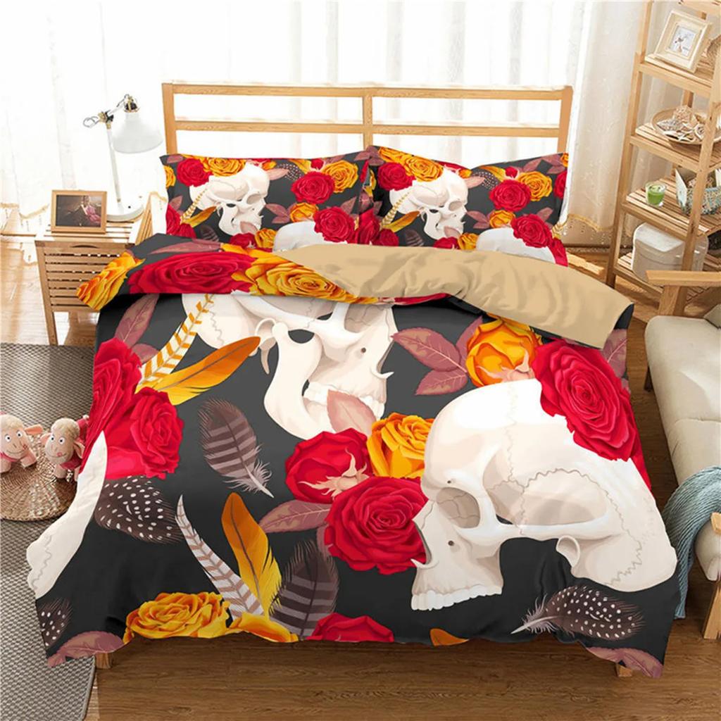 Skull Floral Skull Duvet Cover Full Size Gothic Skull Rose Bones Skeleton For Kids Women Men Red Black For Bedroom Decorations