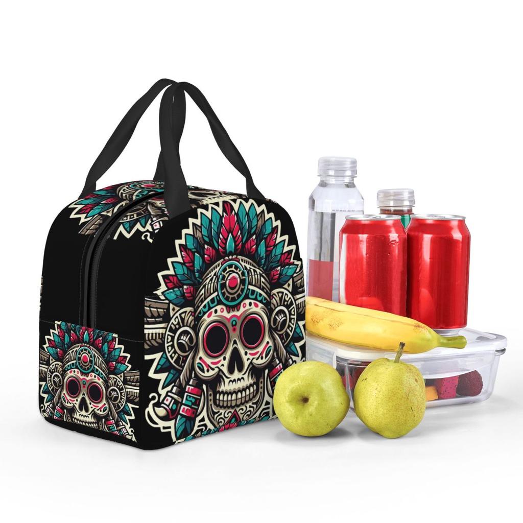 Aztec Skull With Plume Insulated Lunch Bag for Women Kids Portable Food Boxes Thermal Lunch Box Tote