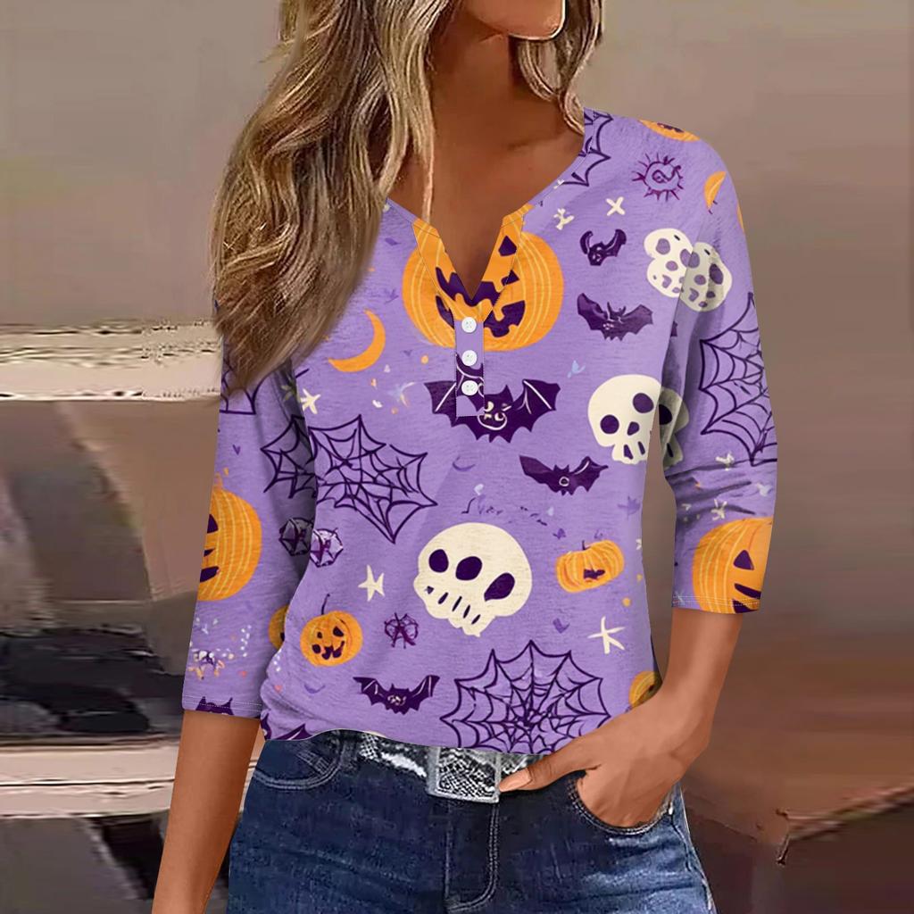 Damen V-Ausschnitt Knopf Halloween Dreiviertelarm T-Shirt Top