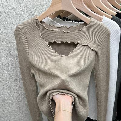 Top feminino outono e inverno com orelha de madeira e design de decote vazado, sexy, slim fit, cor sólida