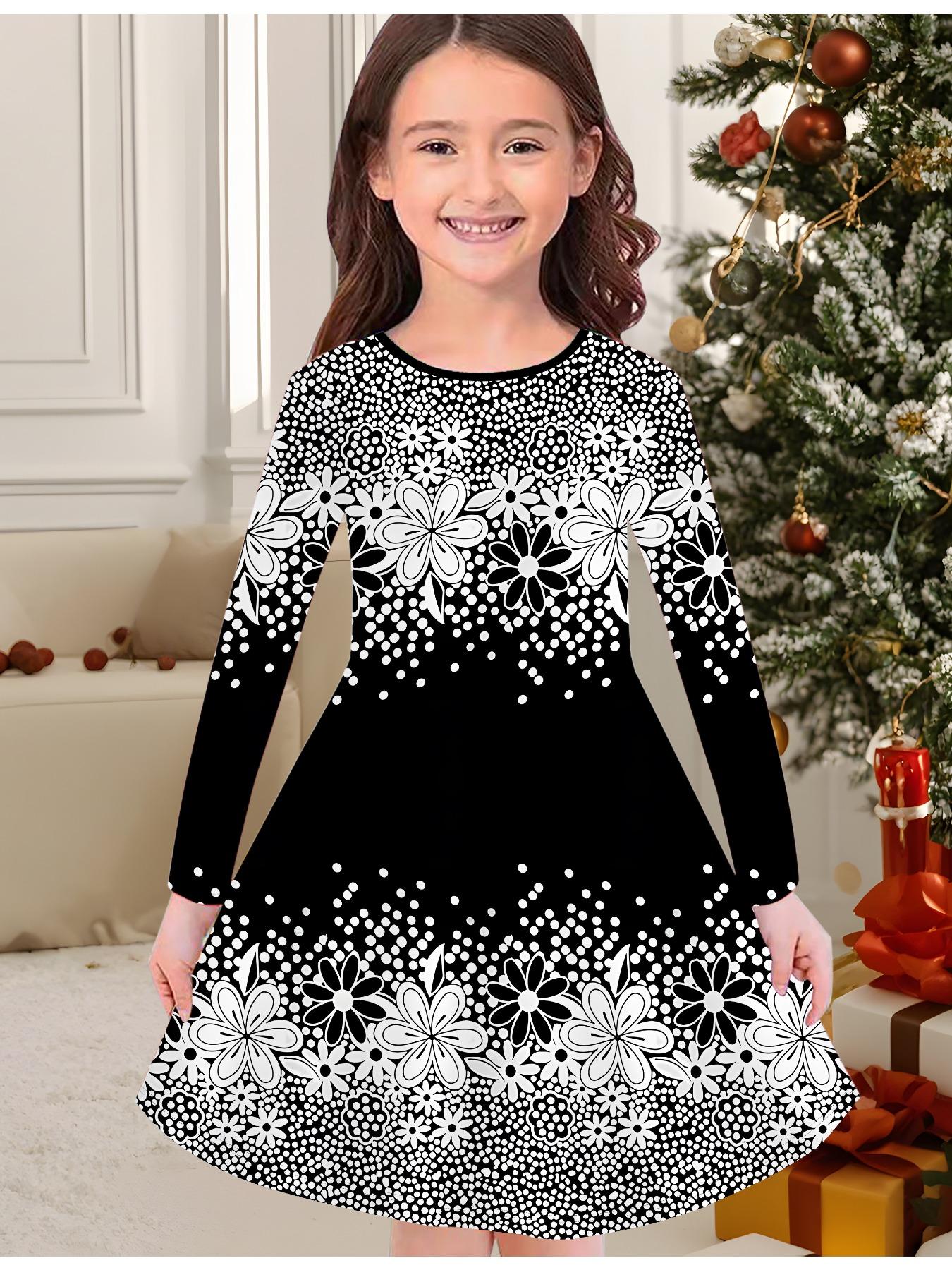 

Модное осенне-зимнее платье для девочек, платье-футболка с длинным рукавом и круглым вырезом, с 3D цветочным принтом, повседневное, универсальное, рождественская одежда 170 чёрный