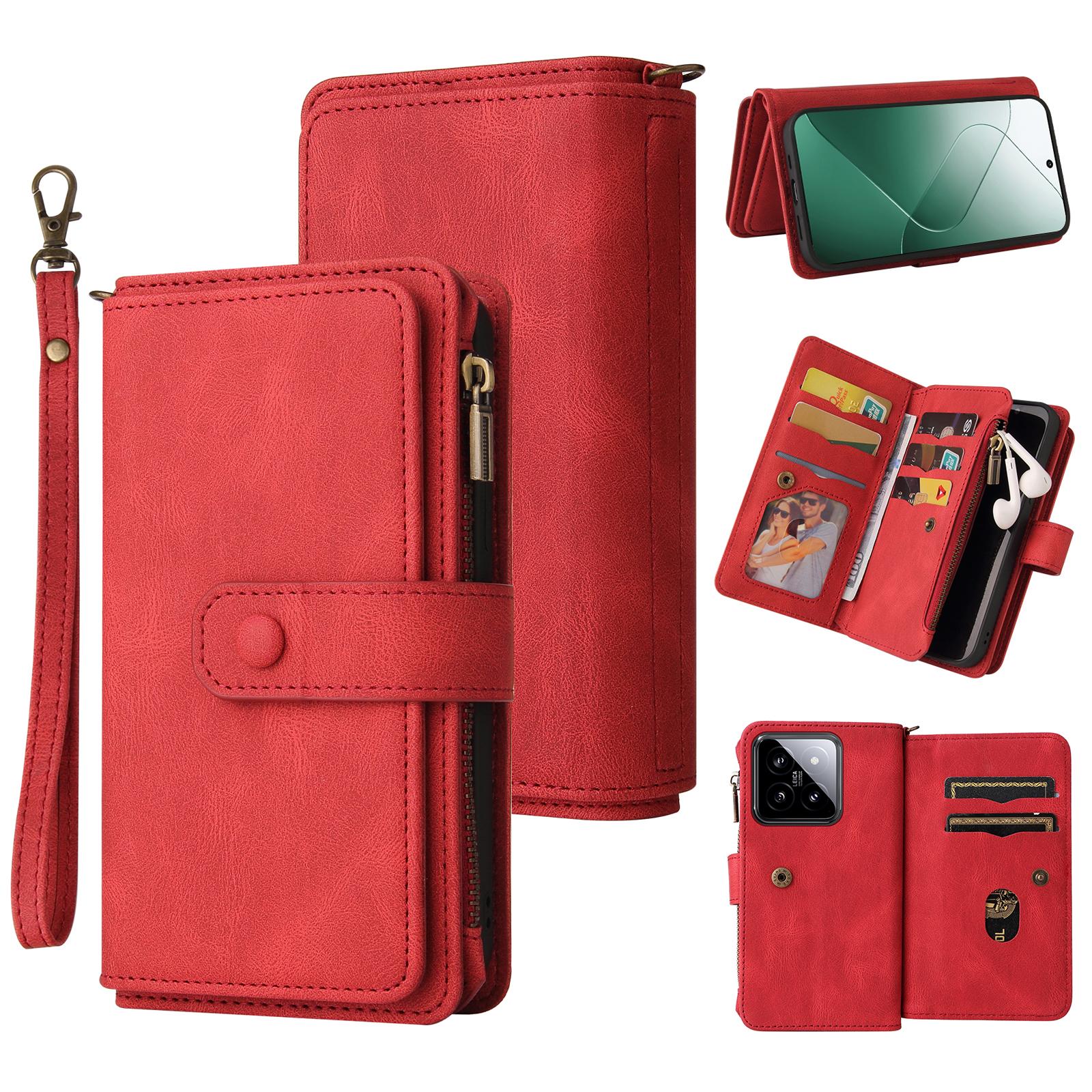 

Для Xiaomi 14 Чехол-кошелек на молнии с 15 отделениями для карт и ремешком Кожаный чехол для телефона Red