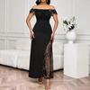 Women's Square Neck Short Sleeve Maxi Dress Slim Fit High Waist Sequin Lace Split Evening Gown