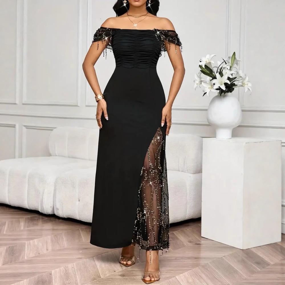 Women's Square Neck Short Sleeve Maxi Dress Slim Fit High Waist Sequin Lace Split Evening Gown