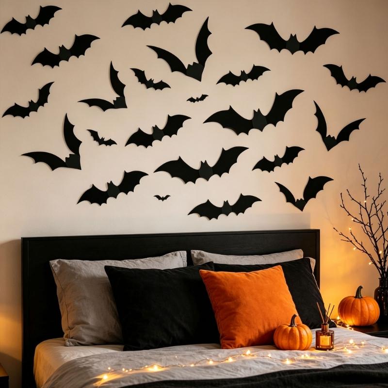 3D Fledermäuse Halloween Dekorationen Realistische Gruselige Fledermaus Aufkleber Wanddekorationen DIY Partyzubehör mit Flexiblem Gefaltetem Flügel für Ladenpräsentationen, Schulen,