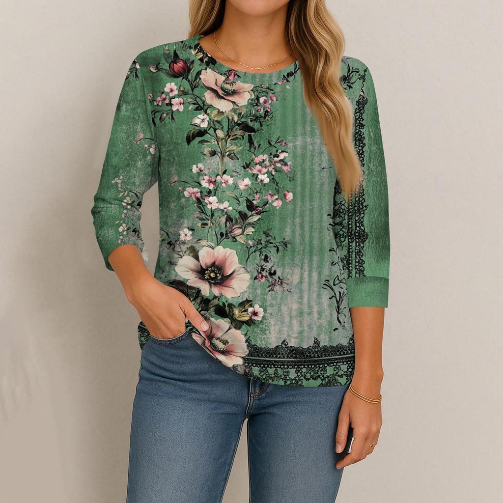 Women's Fashion Casual Round Neck 3/4 Sleeve Loose  Printed T-Shirt Ladies Top