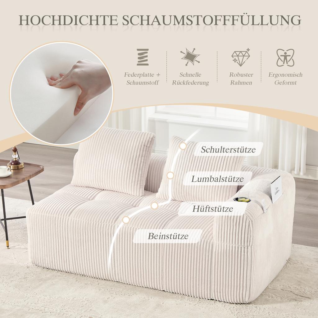 Cozy Corduroy Two-Seater Sofa – No Assembly, Soft Back Cushions, Side Storage Pocket for Remote Control and Phone, Cup Holder – Neat and Aesthetic.