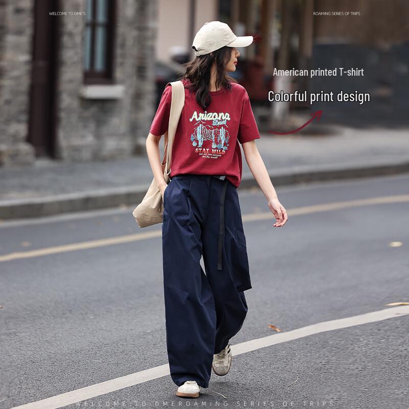 Women s Retro Print Loose Fit Round Neck T-shirt S