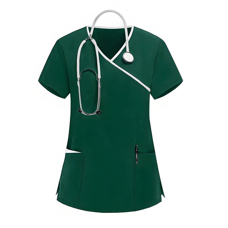 

Women s Elastic Quick-Drying V-Neck Pocket Short-Sleeve Caregiver Work Uniform L темно-зеленого