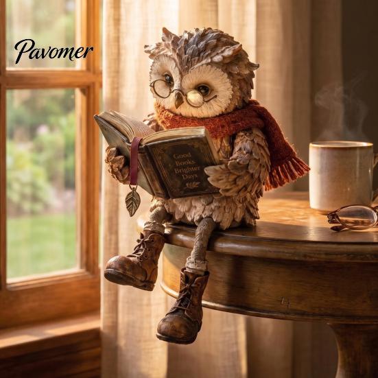 Owl Figurine for Bookshelf Reading Figurine, Creative Statue with Glasses Scarf Boots And Open Book, Woodland Theme Table Decor Sculpture Book