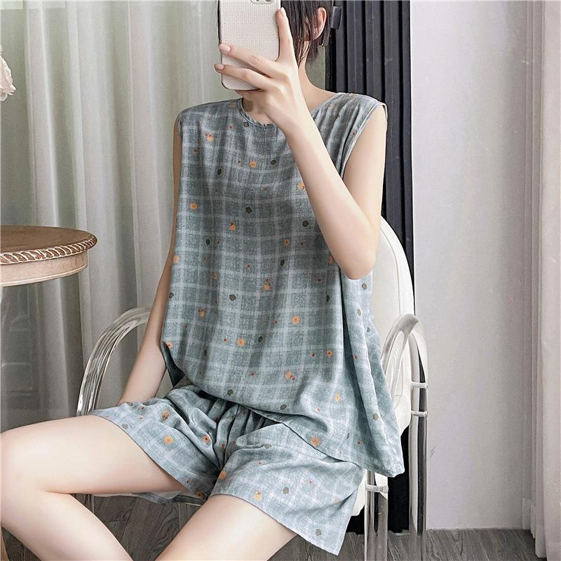 Cotton and silk pajamas women's summer thin loose sleeveless artificial cotton loungewear can be worn outside student cotton silk suit plus size