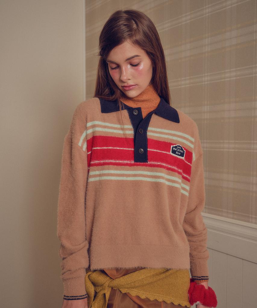 MELLY&ROSE Fluffy Stripe Polo Knit (310255)_Beige