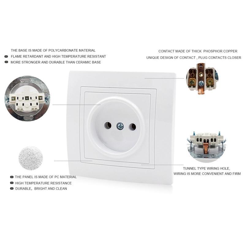 Presa a Muro Standard EU 250V/16A 2 Pin Foro Rotondo Pannello a Muro Bianco Presa Elettrica Non Messa a Terra Durevole