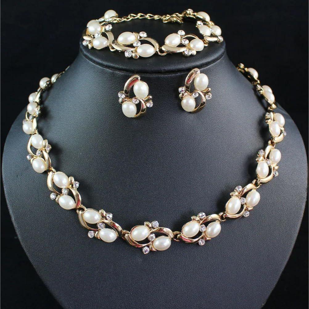 Latest Stylish Design Fancy Pearl Bracelet Earrings Necklace Jewellery Set for Women Valentine Gift for Girlfriend