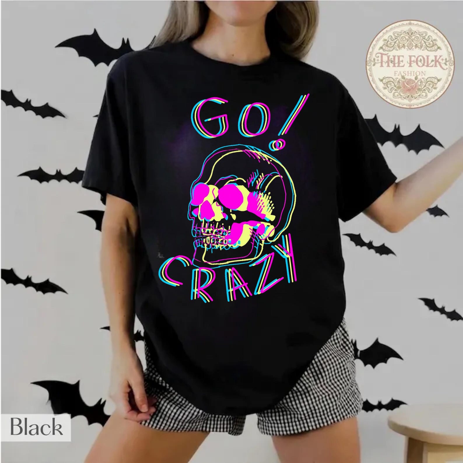 Go Crazy Neon Skull Shirt, Pastel Goth Skeleton Tee, Cyberpunk Skull T-shirt, Gen Z Halloween Tee, Spooky Halloween Shirt, Skull Graphic Tee 3XL