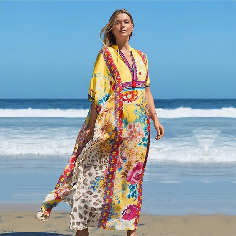 

Новое лето, накидка на бикини, винтажный принт, v-образный вырез, завязка по бокам, длинное платье, повседневное женское пляжное платье с купальником, накидка