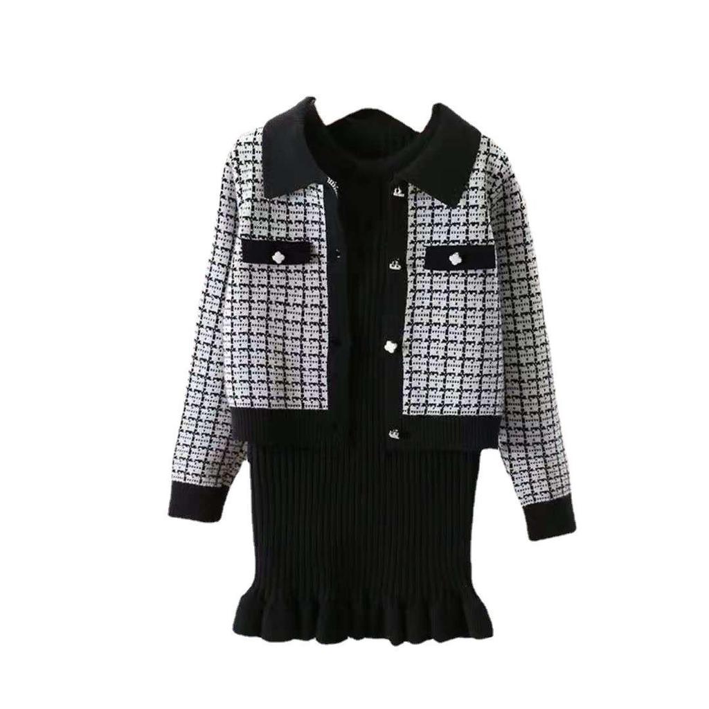 Modischer zweiteiliger Strickpullover- und Rock-Set für Mädchen, Herbst/Winter 2022