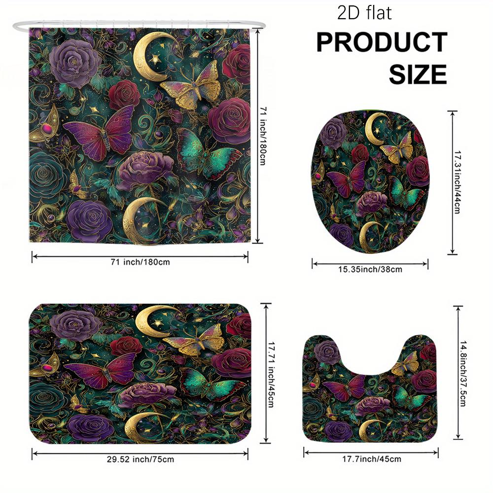 2Dflat 4pcs Dreamy Butterfly Night Moon Print Shower Curtain Set, Bathroom Decor Kit Includes Shower Liner, Non-Slip Mat