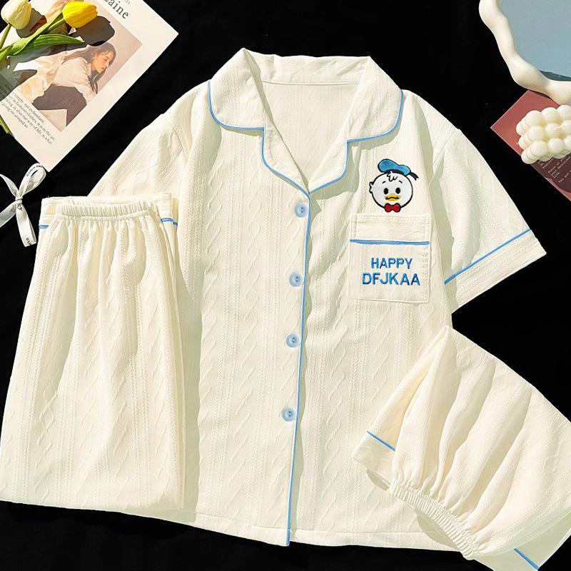 

Мэнцю мультяжная пижама с жаккардовым узором «Дональд Дак» из имитации хлопка, женский летний милый простой домашний костюм-тройка 2XL [Recommended 135-75kg]