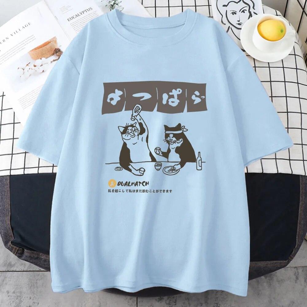Women Tshirt Streetwear Japanese Harajuku Funny Drinking Cat T-Shirt 100% Cotton Summer Cartoon T Shirt Unisex Hip Hop Tops Tees Unisex T-shirt