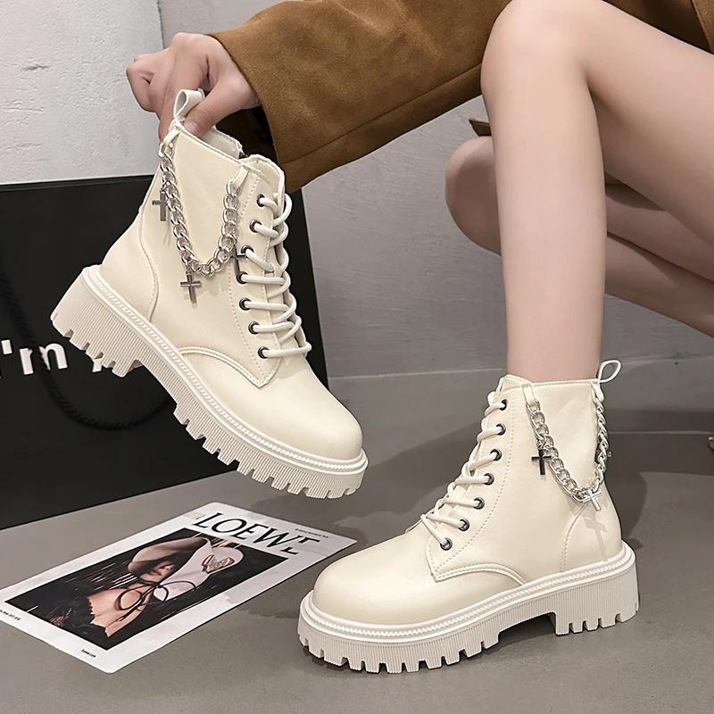 

New The Chain Solid Ankle Boots 2024 Fashion Women s Shoes Side Zipper Women s Boots Hot Sale Front Lace-up Modern Boots Women 35 бежевий