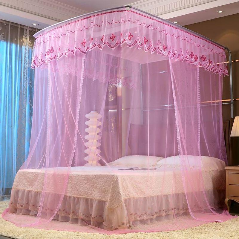 Palace Style Floor-Standing U-Shaped Double Bed Mosquito Net, Retractable with Three Doors, Dense Mesh, Sturdy Stainless Steel Support.