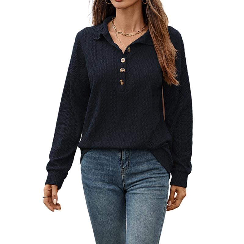 Women's Solid-Color Collared Long-Sleeve Top Button Neck Pullover