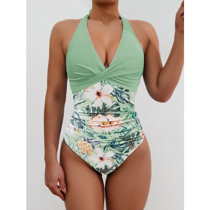 New printed lace-up halter high-waisted one-piece sexy bikini swimsuit swimsuit women