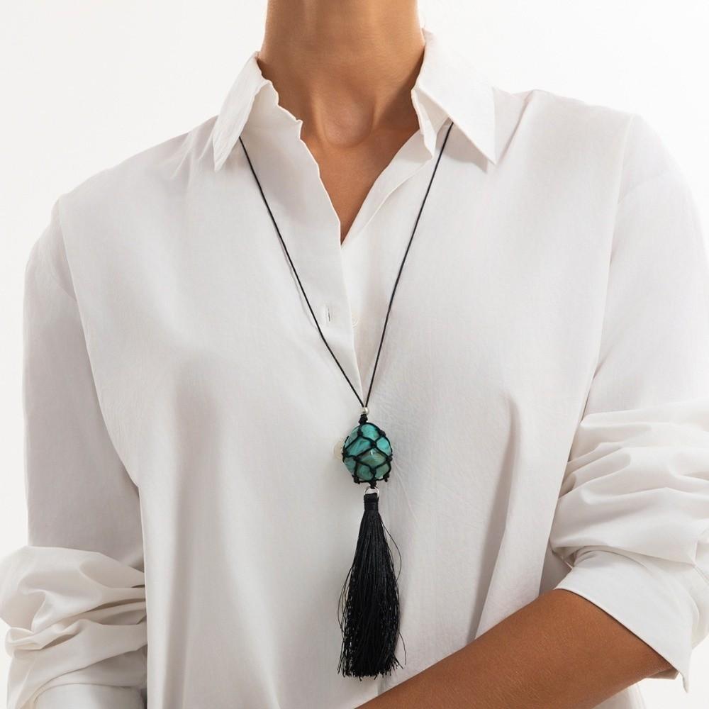 Long Tassel Detail Pendant Necklace Adjustable Length Tassel Waxed Thread Choker  Boho Outfit Match