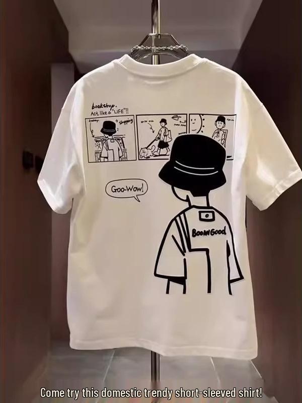 2026 Summer American Street Style White Crew Neck Figure Print Slimming T-shirt