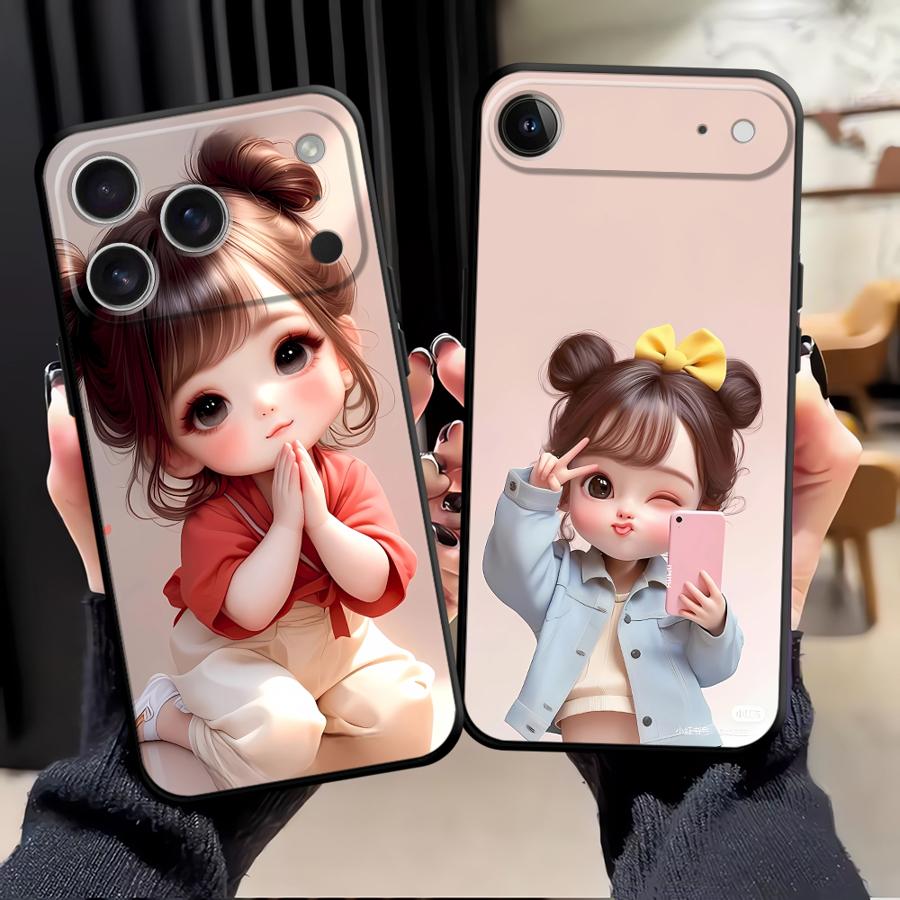 Cartoon Girl Pattern Case for iPhone XS Max XR 13 12 11 17 Pro Max 7 8 17Air 15 16 14 Plus Black Soft Phone Cover