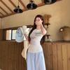 Pit strip fabric, American sweet Spice Girl cat front shoulder short-sleeved T-shirt women's summer slim-fitting and thin waist top